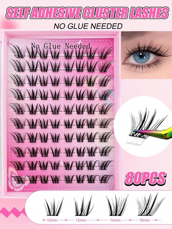 80 قطعة من عناقيد الرموش الذاتية اللصق، بشكل عين القطة الطبيعي، عناقيد الرموش المانجا، رموش ال- Fox Eye بدون حاجة لصمغ، رموش إطالة فردية بشريط لاصق غير مرئي - أطول بقاءً بدون بقايا لزجة، رموش مسبقة اللصق