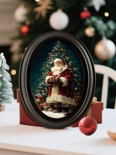 1pc 5x7 Inches Festive Wooden Photo Frame Display Sign, Christmas Style Patterned Oval/Rectangle Shape Tabletop Decor Desktop Ornament Holiday Gift For Christmas Thanksgiving