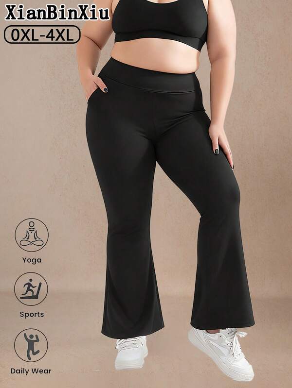 XianBinXiu Damen Yoga Hosen mit hoher Taille und Weitem Bein in Große Größen, Hochelastische schwarze Hose mit Seitentaschen, Damen Bekleidung für den Herbst iGroße Größenen