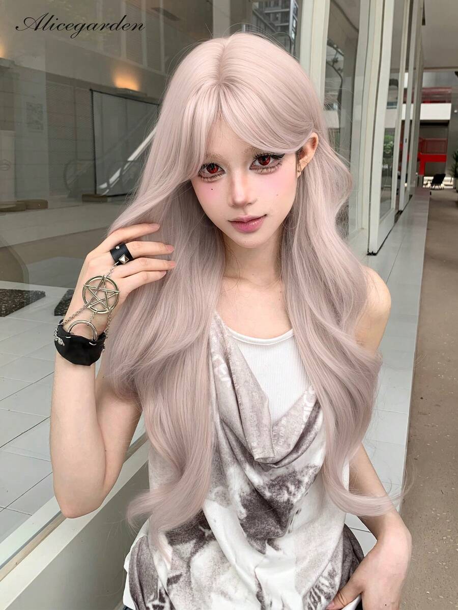 alicegarden Parrucca riccio con pizzo sulla fronte, parrucca riccio rosa chiaro lungo 20 piedi, naturale e realistica per uso quotidiano