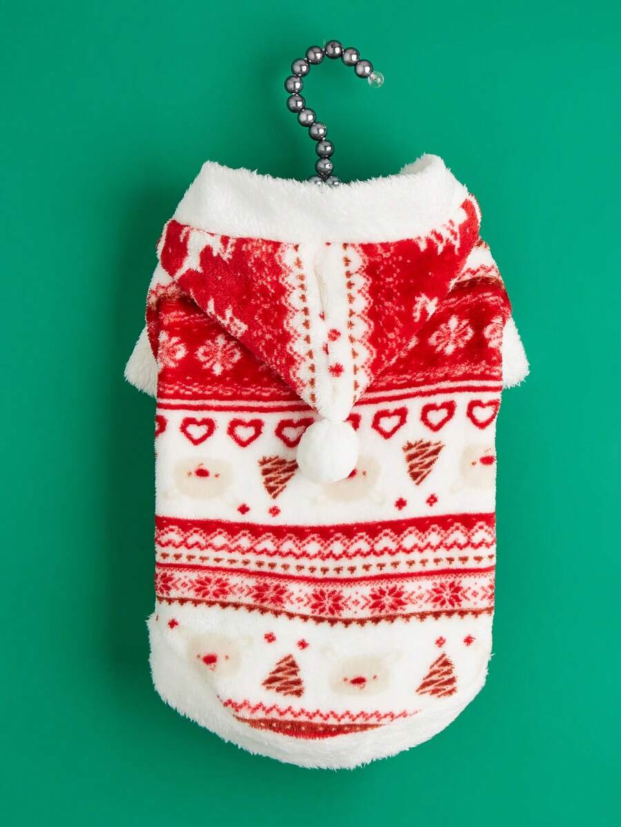 EOO 1pc Pet Hoodie Sweatshirt, Warm & Cozy Christmas Design For Small Dogs & Cats, Fashionable & Cute Fleece Outfit, Suitable For Autumn/Winter - Red and White - View 1