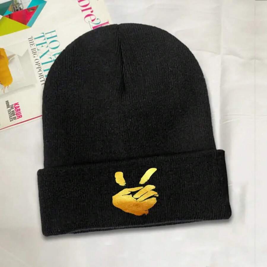 1pc Unisex Thermal Be Beanie Hat - Thickened Winter Warmth, Elastic Anti-Stretch Face-Fitting Design With Golden Accent & Peace Sign, Slimming Snug Fit For Men & Women, Ideal For Daily Wear & Halloween, Durable Fine Stitching (Black) - Cold Weather Essential, Seasonal Fashion, Stylish Winterwear, Bohemian Beanie For Men, Winter Hat For Men, Men Beanie, Men Hat, Skulle Hat Men, Beanie Hombre, Beanies For Men, Black Beanie, Men'S Beanies - màu đen - Xem 1