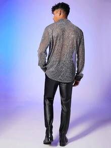 Men's Sheer Mesh See Through Glitter Button Front Long Sleeve Shirt Tops