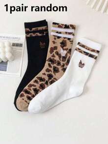 1/3/6 Pairs Women Leopard & Striped Pattern Mid-Calf Socks, Fashion Classic Comfortable Soft Breathable, Versatile For Daily Wear, All Seasons