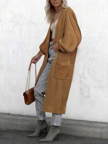 Cárdigan de punto ligero talla grande para mujer, suéter de lana de cuello en V de manga larga con bolsillos y punto acanalado, adecuado para todas las estaciones - Camel - Ver 3