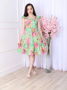 Short Printed Children's Tank Top Dress - 薄荷綠 - 查看 1