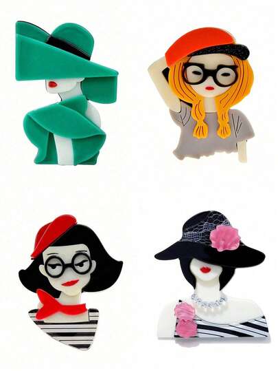 قطعة واحدة قرط أكريليك برسمة شخصية كرتونية لامرأة ترتدي قبعة، إكسسوار ملابس إبداعي على شكل شارات