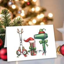 Festliche Friseur Weihnachtskarte mit Umschlag - Einzigartige Dankeskarte für Feiertage und Dankbarkeit für Friseure mit Vintage-Haartrockner-Design und Holly-Blatt-Illustration, perfekt für Weihnachten, Neujahr oder Geburtstagsfeiern, Feiertags-Grußkarte mit Holly-Blatt-Motiv, hochwertige Papierkarte, Weihnachts-Haarzubehör