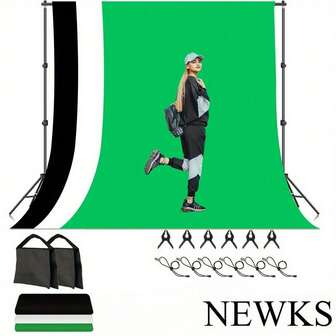 NEWKS 7 * 7ft/2m * 2m bakgrundsfäste + 6 4-tums klämmor + 6 trådklämmor + 2 sandsäckar + svart, vit, grön bakgrundsduk + 1 förvaringsväska lämplig för fotostudior, skärmklipp, födelsedagsfestdekorationer, bröllopsdekorationer etc.