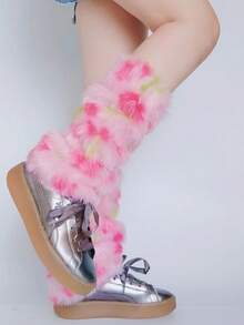 1双女士毛绒腿套，25厘米彩虹豹纹Y2K风格腿套，适合派对穿着，舒适保暖 - 彩色 - 查看 8