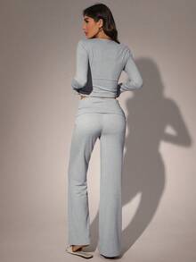 Meguma 2pcs Women Solid Color Loungewear Set, Casual & Fitted, Suitable For Everyday Wear At Home, Winter Clothes - Light Grey - View 3