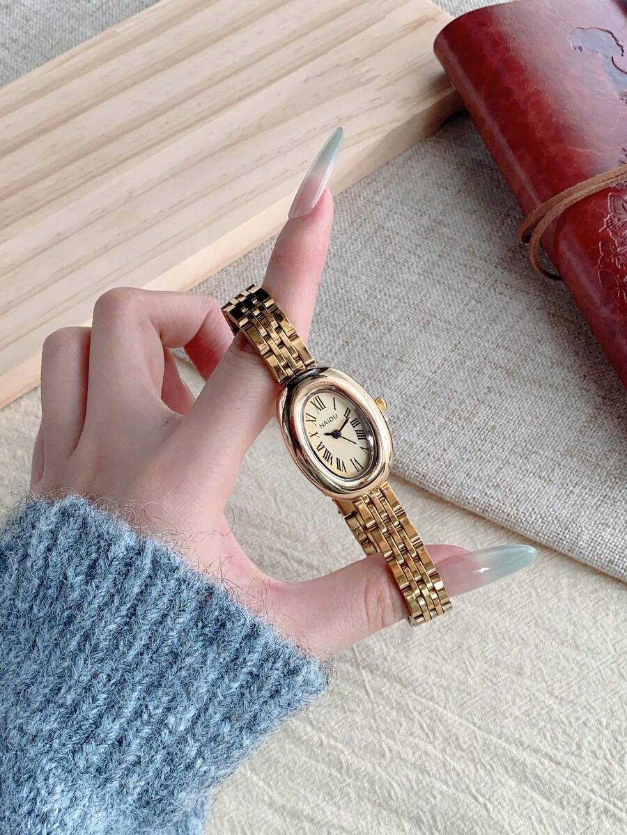 1 件金色/银色休闲椭圆形不锈钢表带女士手表奢华时尚简约优雅轻奢优雅百搭手表女士石英表非常适合日常佩戴、生日礼物、派对、节日聚会 - 金色 - 查看 1