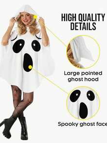 1pc Adult White Ghost Hooded Cloak, Can Be Used As Costume Prop For Halloween Party - White - View 4
