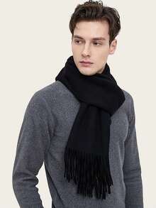 1pc Men's Long Solid Color Scarf, Classic Autumn/Winter Tasseled Scarf With Soft Cashmere Feel, Neck Wrap Shawl, Black And Grey - Multicolor - View 8