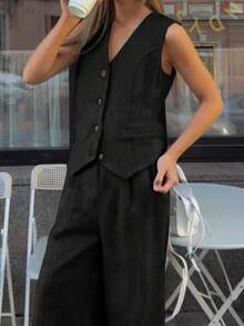 2pcs Women Deep V Neck Sleeveless Slim Fit Lightweight Fabric Vest & High Waist Wide Leg Pants Set, Linen Casual Two Pieces Outfit, Old Money Style, Lightweight And Breathable - Black - View 6