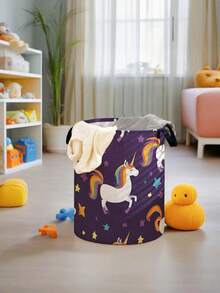 1pc Cartoon Pony Print Foldable Large Capacity Round Storage Basket With Handle, Multipurpose Storage Bin For Nursery, Baby Diaper, Clothes, Toys And Accessories Organization