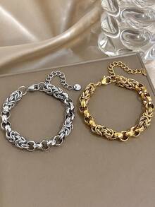 2pcs/1pc Vintage Interwoven Textured Link Design Chunky Chain Bracelet For Women - 18K Gold Plated Stainless Steel, Mom Gift Christmas Thanksgiving Halloween Wedding Rave/Prom/Party/Daily Accessories Gift For Anniversary Valentine's Day Boho Jewelry Birthday Bridesmaid Gifts - Multicolor - View 11