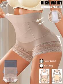 2Pcs High Waist Tummy Control Shaping Panties Comfortable Postpartum Body Shapewear Seamless Butt Lifter Underwear Women Lace Trim Waist Trainer Tummy Control Shorts