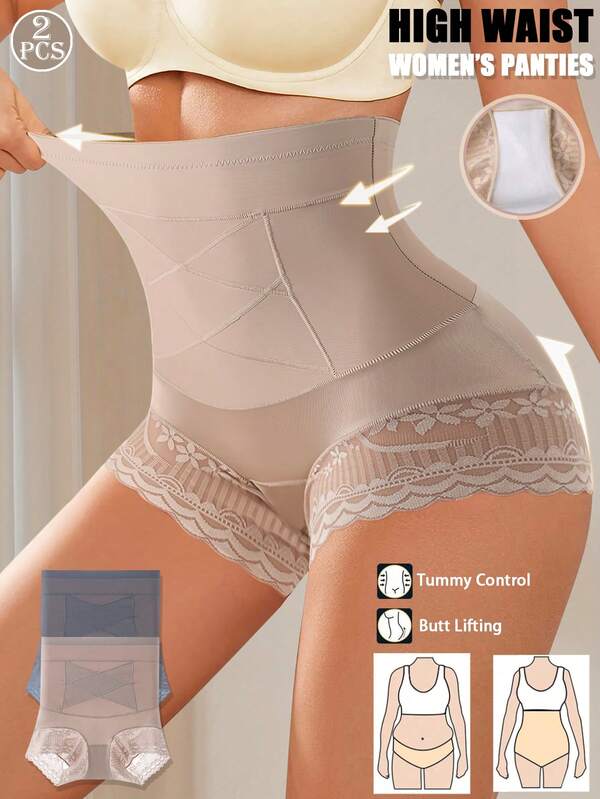 2Pcs High Waist Tummy Control Shaping Panties Comfortable Postpartum Body Shapewear Seamless Butt Lifter Underwear Women Lace Trim Waist Trainer Tummy Control Shorts