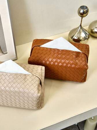 1pc PU Leather Striped Tissue Box, Nordic Luxury Style Hotel Gold Trim Paper Towel Holder, Creative For Living Room, Bedroom, Hotel, Restaurant, Versatile Pull-Out Tissue Box