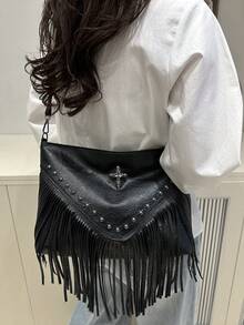Fashionable Retro Leather Crossbody Bag, Bohemian Style Shoulder Bag Fringe Rivet Decor Square Wallet Casual - Black - View 7