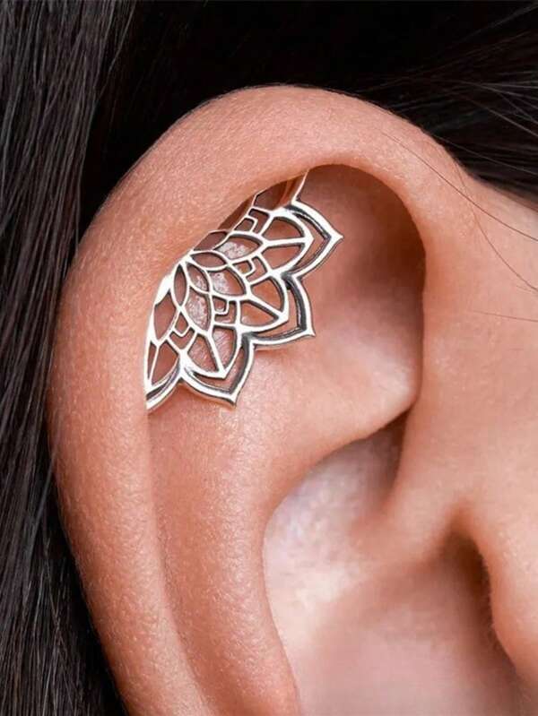 1 par de pendientes tipo helix bohemio con diseño geométrico de flor de loto, pendiente oculto para cartílago, de color plateado, joyería espiritual de estilo bohemio