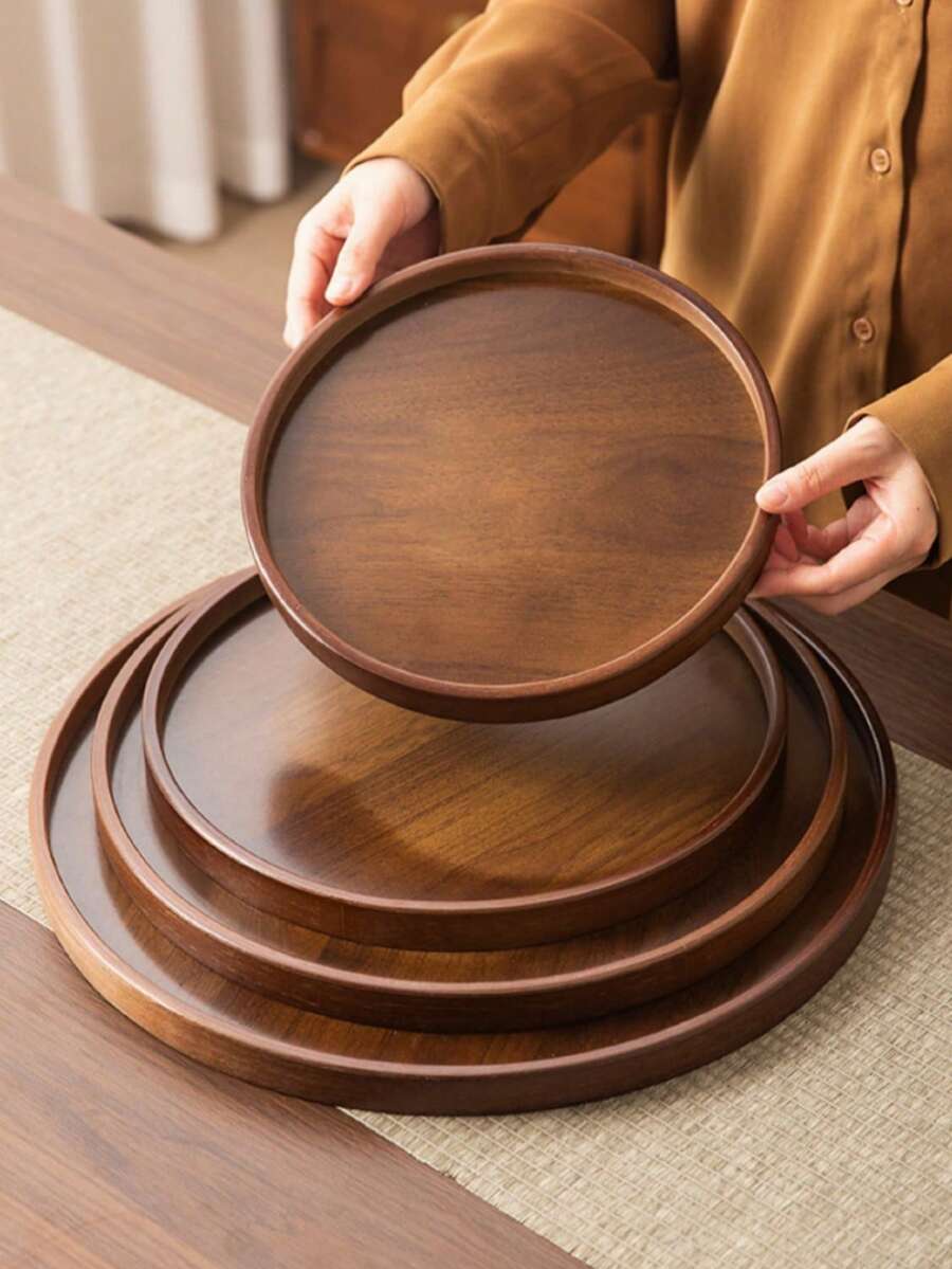 1pc Walnut Round Tea Tray, Suitable For Snacks, Desserts, Cookies, Tea, Appetizers, Home Gatherings, Festivals, Birthdays