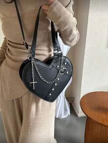 Punk Style Rivet-Embellished Fashionable Heart-Shaped Shoulder Bag, Cross-Body Bag Novelty Bags Gothic Style Y2K Style Sweet Cool Bag, Perfect For Music Festival, Rock Style Bag For Women, Perfect Valentine's Day Gift For Her, Best Valentine's Gift Choice Ever Valentines, 2000s Fashion Style Bag For Women, Halloween Purse Perfect For Fancy Party Halloween Fashion & Gothic Fashion - 黑色 - 查看 3