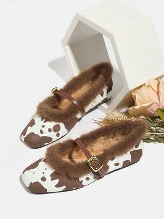 Women's Fashion Cow Print Slip-On Closed Toe Warm Fuzzy Flat Mary Jane Shoes, Brown, Versatile & Comfortable, Autumn/Winter