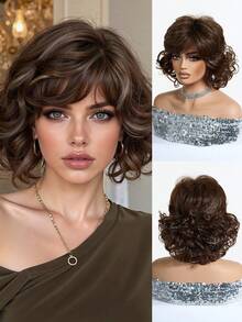 优雅蓬松的女士假发，12 英寸短卷发假发，深棕色挑染和米色，以及刘海，编织成合成假发，非常适合女性日常和节日穿着，也是送给女孩的漂亮节日礼物 - 挑染米色 - 查看 5