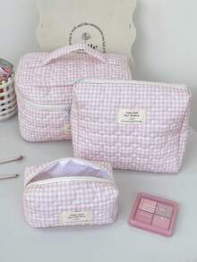 Bộ 1 túi đựng mỹ phẩm cỡ lớn màu hồng kẻ caro, túi trang điểm xách tay ngọt ngào và thời trang dành cho nữ, túi đựng đa năng có khóa kéo đựng son môi, băng vệ sinh, tiền xu, chìa khóa, kẹp tóc, thích hợp làm quà tặng Ngày của Mẹ, quà tựu trường, quà năm mới. - Hồng - Xem 10