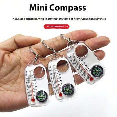 3-in-1 Schlüsselanhänger mit Thermometer, Kompass und Lupe - tragbarer Mini-Karabiner für Outdoor-Abenteuer - Acrylmaterial, batteriefrei - ideal für Reisen, Wandern, Camping, Wanderzubehör