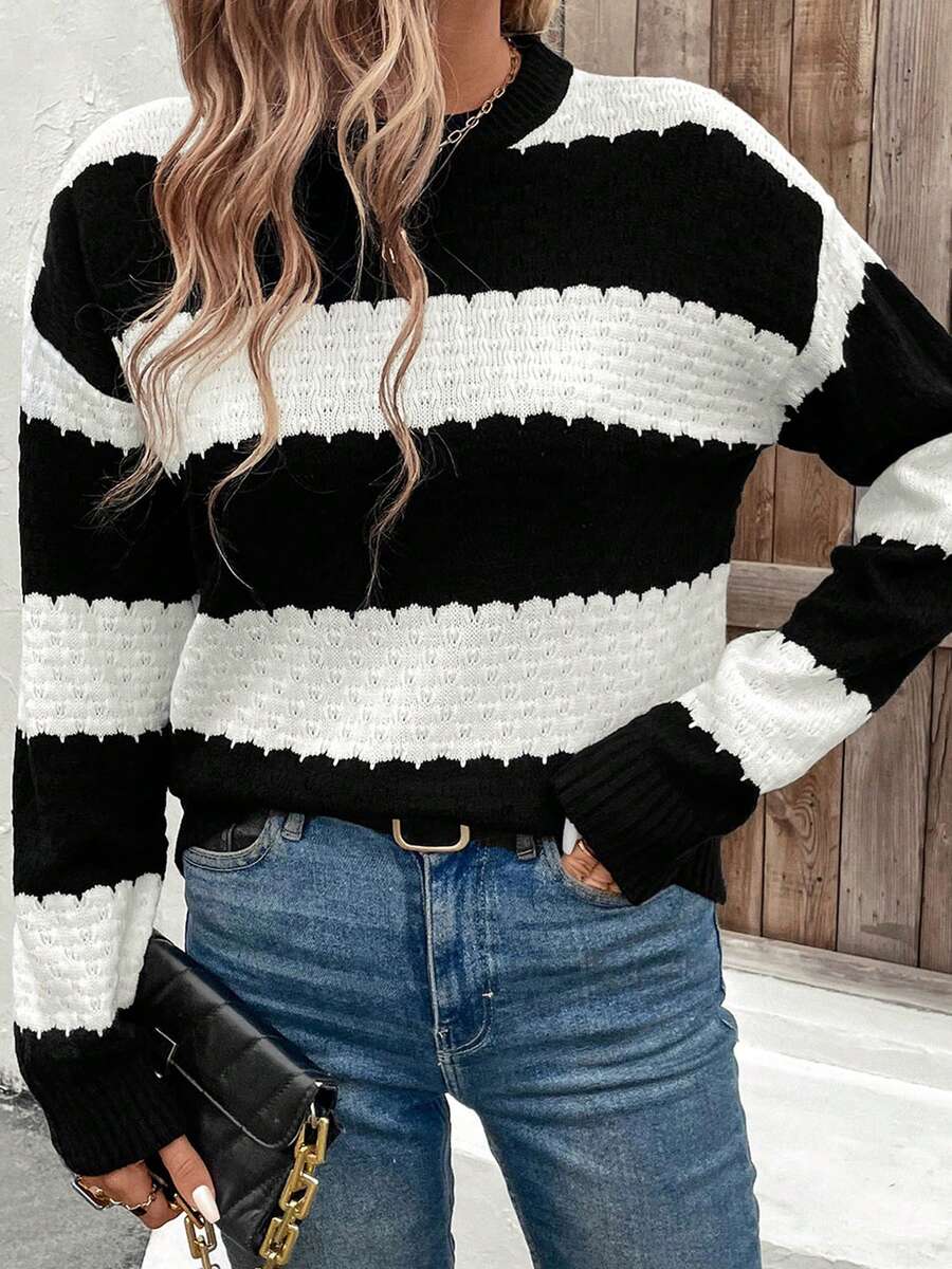 Women's Striped Knit Sweater Contrast Color Long Sleeve Crew Neck Knitwear Pullover For Autumn Winter Daily Office Wear