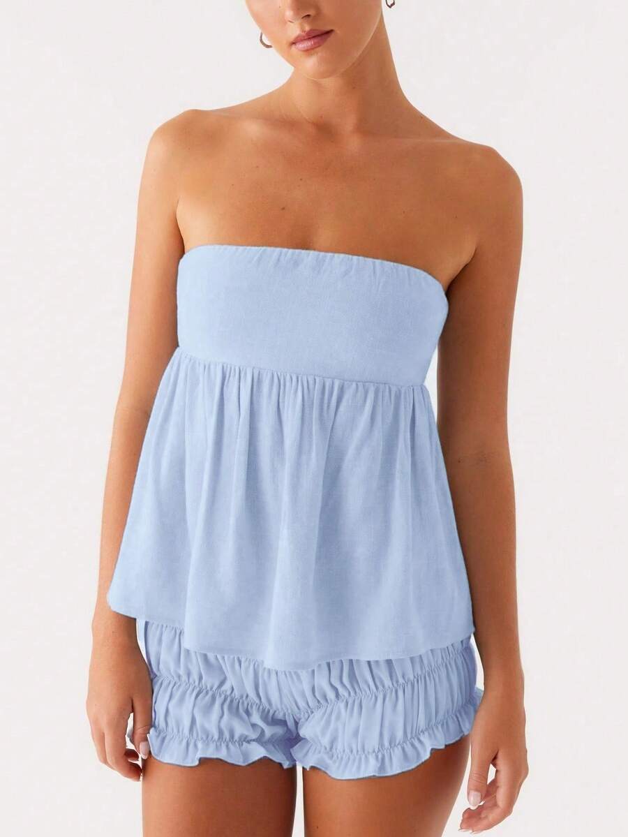 Women Summer Flowy Tube Top Y2k Solid Color Strapless Off The Shoulder Loose Fit Babydoll Bandeau Crop Tops Backless Sleeveless Going Out Tops Vests Shirts Casual Streetwear - 藍色 - 查看 1