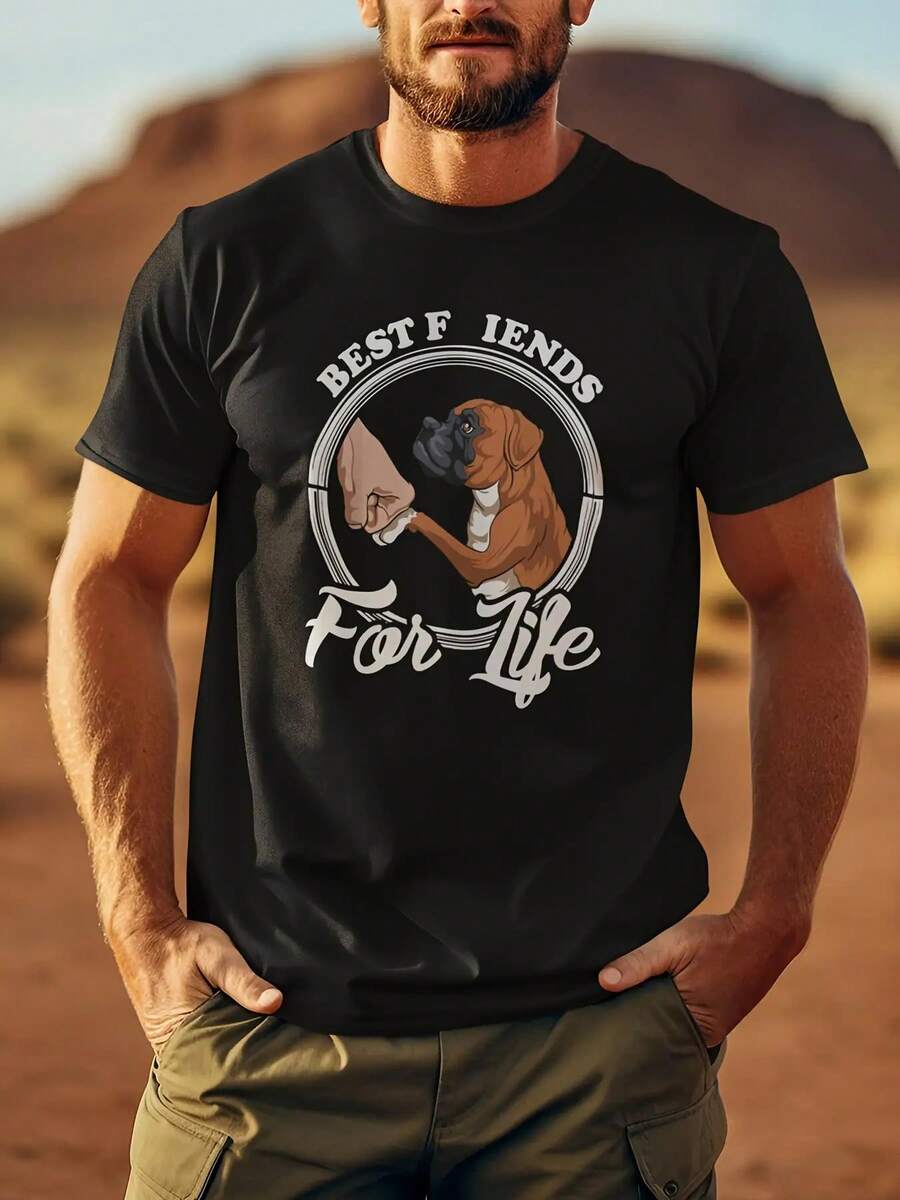 Funny Boxer Dog Shirt - Men's Front-Facing Directional Print Short-Sleeved T-Shirt - Plaid And Breathable T-Shirt - Summer Casual Fashion Top - Black - View 1
