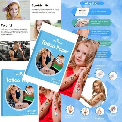 Printable Temporary Tattoo Paper For LASER Printer8.5"X11" 5 Sheets DIY Image Transfer Decal Paper For Skin