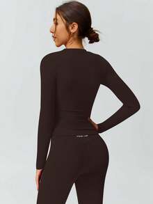 PinkTip Women's Solid Color Seamless Stretchy Long Sleeve & Long Pants Activewear Set, Butt-Lifting, Slim-Fit, Soft Workout Pants Set For Daily Casual, Fitness, Running, Yoga, Pilates Spring - Cà phê nâu - Xem 6