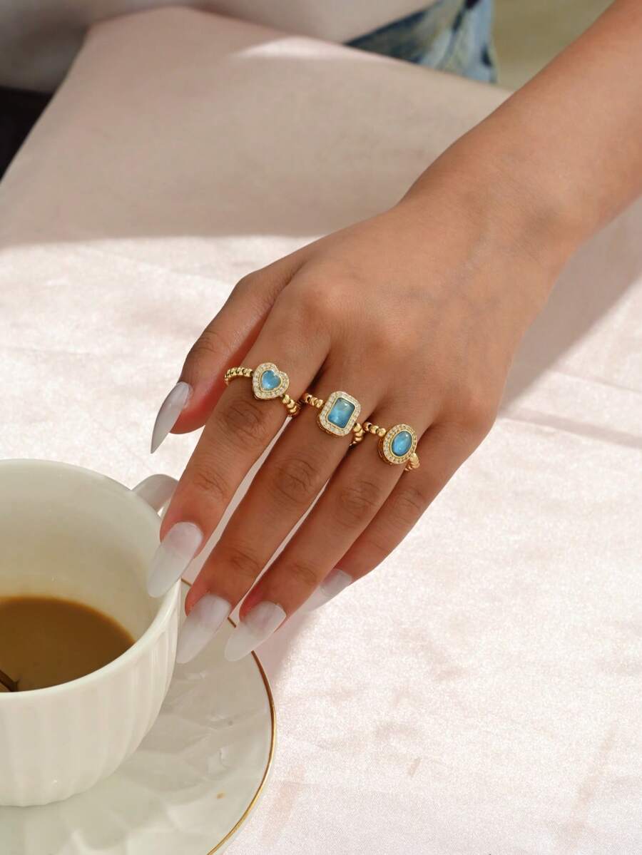 1pc Heart Square Oval Deco Zirconia Ring, Bead Chain Gold Ring For Women & Girls, Luxary Rings, Gift For Her