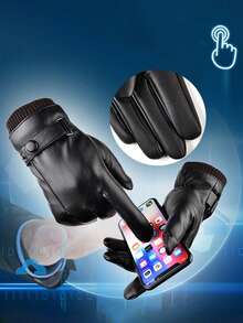 Luvas masculinas de outono e inverno com tela sensível ao toque, ideais para ciclismo e esqui ao ar livre. Resistentes ao frio e com tecido macio e quente, estas luvas de couro canelado com três fios são perfeitas para neve.