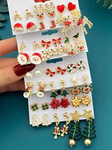 12-36pcs Metal Rhinestone Christmas Santa Claus, Bow, Snowflake, Reindeer Pendant Earrings Set, Unique Jewelry Accessories For Women, Suitable For Christmas, Party, Events