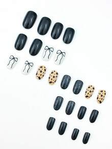 Bộ móng tay giả mùa Thu/Đông, 24 chiếc/bộ, hình bầu dục, họa tiết chấm bi đen và da báo, nơ, thích hợp cho các cô gái cá tính, phụ nữ công sở, dự tiệc, hẹn hò, sử dụng hàng ngày và các dịp lễ hội. - Nhiều màu - Xem 3