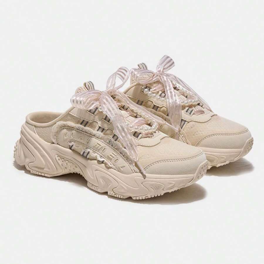 CAMEL CROWN 女士休闲轻便增高厚底透气防滑半拖鞋 - 淺米白/黃橙 - 查看 1