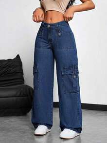 Women's Front Pocket Straight Leg Casual Jeans, Solid Color Minimalist Relaxed Fit Jeans For Daily Wear - Medium Wash - View 3