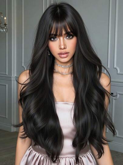 Long Curly Wig With Straight Bangs Woven Chemical Fiber Hair Daily Artificial Scalp