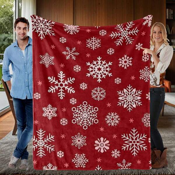 1pc Red Snowflake Pattern Flannel Blanket, Super Soft & Cozy Plush, Suitable For Living Room, Bedroom, Camping, Home Holiday Decor