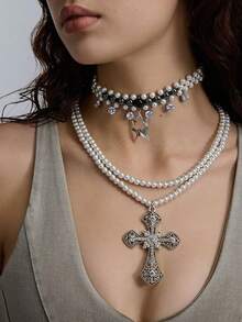 Collana con pendente a forma di stella cadente con perle nere e bianche, stile a più fili per donna