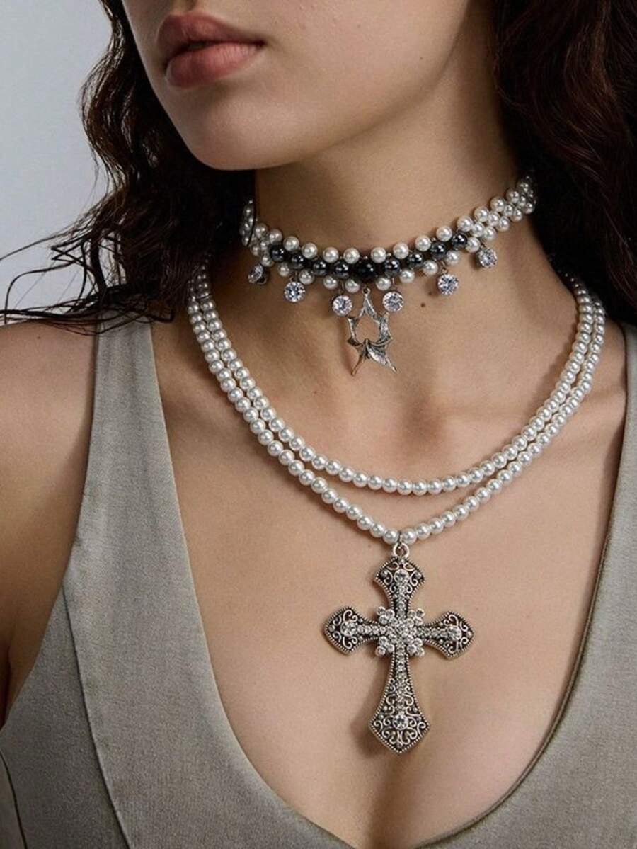 Collana con pendente a forma di stella cadente con perle nere e bianche, stile a più fili per donna