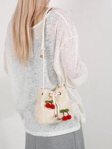 Bolso de hombro/bandolera de moda con diseño de fresa, bolso de cubo con cordón, bolso minimalista de cereza para ir al trabajo - Beis - Ver 10