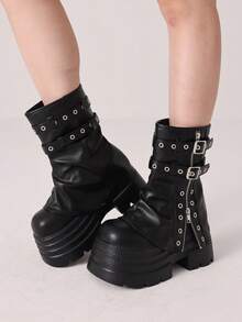 Women's Pleated Fold Over Ankle Boots Round Toe Buckle Moto Biker Boots Platform Chunky Heel Goth Thick Sole Slouched Ruched Booties For Women - 黑色 - 查看 2