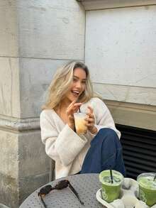 Senya Women's Autumn And Winter New Oatmeal V-Neck Long-Sleeved Knitted Cardigan, Elegant, Casual Loose Lazy Straight Sleeve Jumper Top, Daily, Holiday, Dating, Graduation, Back To School Knitted Cardigan - Beige - View 3